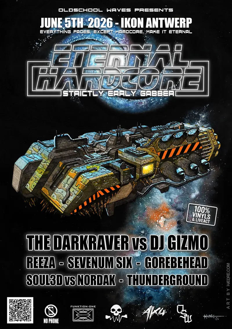 Affiche Eternal Hardcore — strictly early gabber, 5 juin 2026, Ikon, Anvers. Line-up : The Darkraver vs DJ Gizmo, Reeza, Sevenum Six, Gorebehead, Soul3d vs Nordak, Thunderground. 100% vinyls & liveact