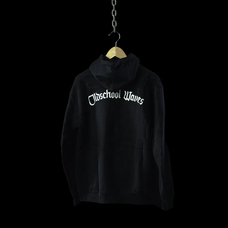 Black hoodie seen from the back, Oldschool Waves lettering